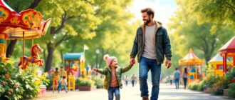 реалистичное изображение отца и ребенка в парке с аттракционами